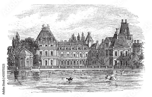 Obraz na płótnie canvas Fontainebleau pałac w Paryżu, Francja, vintage Grawerowanie
