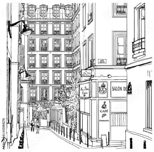 ulica-w-poblizu-montmartre-w-paryzu-czarno-bialy-rysunek