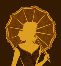 Vintage Silhouette Of Girl With Umbrella