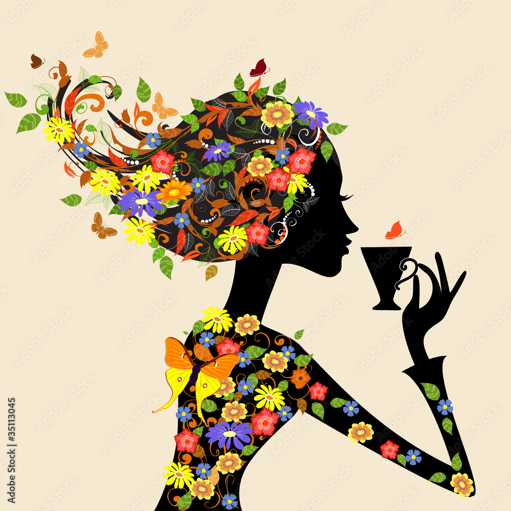 girl in a pattern of flowers with a cup - obrazy, fototapety, plakaty 