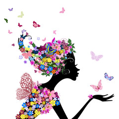 Fotomurales - girl with flowers and butterflies
