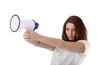 young woman with a megaphone (white background)