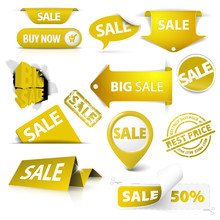 Collection Of Vector Golden Yellow Sale Tickets, Labels, Stamps
