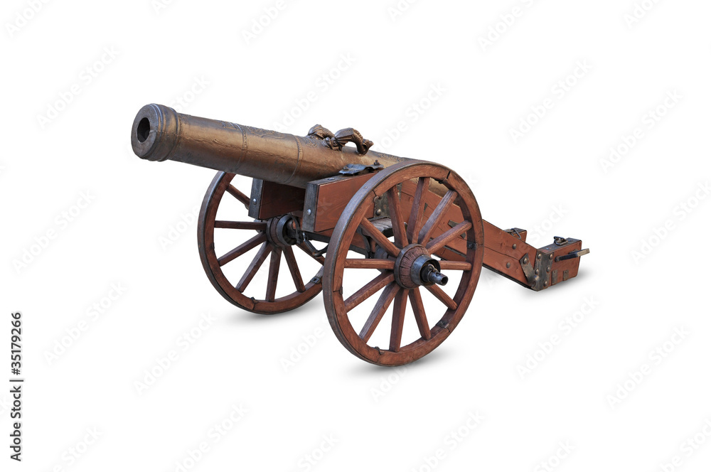Ancient cannon on wheels isolated on white background - obrazy, fototapety, plakaty 