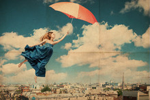 Art Collage With Beautiful Young Woman With Umbrella