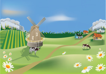 Wall Mural - country landscape with cows on field