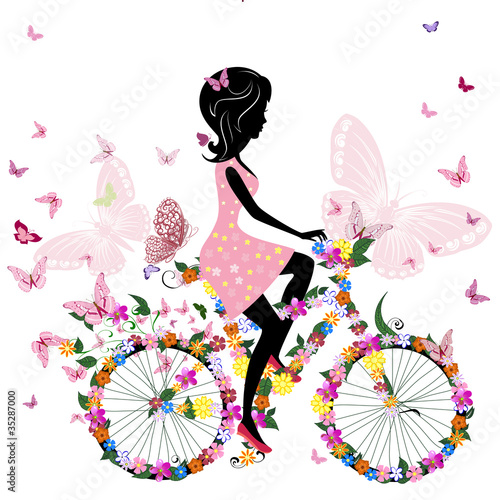 Nowoczesny obraz na płótnie Girl on a bicycle with a romantic butterflies