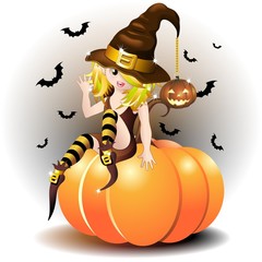 Halloween Strega Bambina con Zucca-Witch Baby Girl on Pumpkin