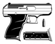 Nine Millimeter Handgun with Bullet and Clip Black and White Vector Illustration Graphic