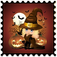 Halloween Francobollo Strega Befana-Halloween Stamp-Vector