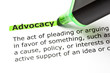 Dictionary definition of the word Advocacy highlighted in green
