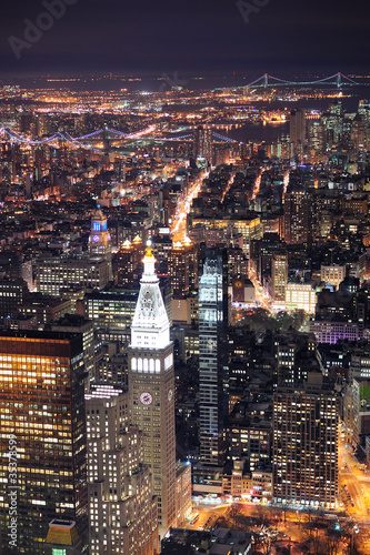 Plakat na papierze fotorealistycznym New York City Manhattan skyline widok z lotu ptaka o zmierzchu