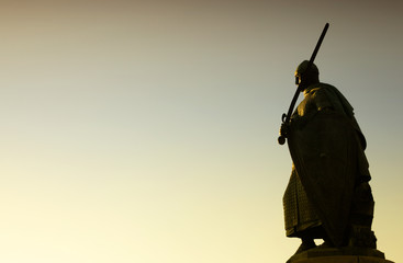 Silhouette of Afonso Henriques statue in Guimaraes Portugal. Eur