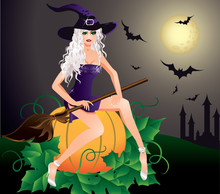 Beautiful Sexy Witch. Halloween Card. Vector
