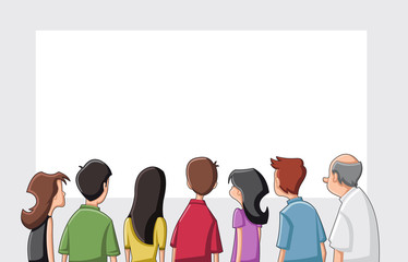 Group cartoon people looking / staring white screen