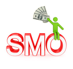 3d small person sitting on a word SMO.