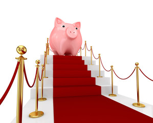 Wall Mural - Red carpet on a stairs and piggy bank.