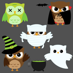 Set of cute vector owls in Halloween costumes