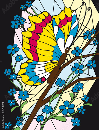 Naklejka - mata magnetyczna na lodówkę Flower and butterfly stained-glass background