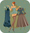 Illustration of  woman in corset with dresses in vintage style