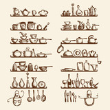 Fototapeta Fototapety do kuchni - Kitchen utensils on shelves, sketch drawing for your design