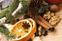 Different Kinds Of Spices, Nuts And Dried Oranges - Christmas De