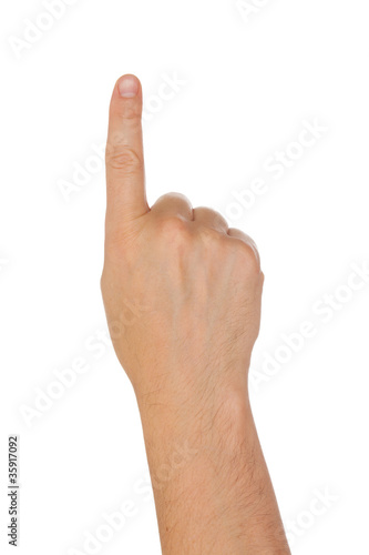 Foto Hand mit dem Zeigefinger, getrennt auf einem weißen Hintergrund