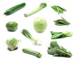 Collection of green vegetables on white background