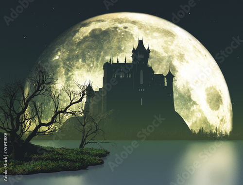 Obraz na płótnie canvas trzyczęściowy "tryptyk" Ilustracja halloween upiorny zamek na tle księżyca