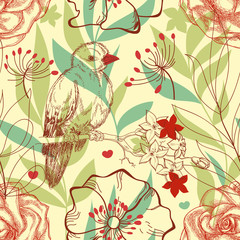 Poster - Bird and roses retro seamless pattern