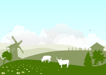 Wall Mural - illustration with cows near windmill