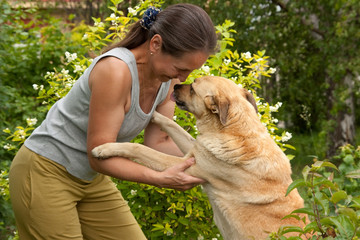 Poster - Woman and dog playing in the park