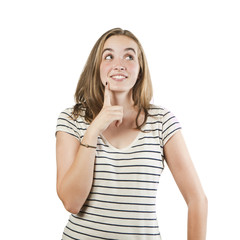 Portrait of a smiling thinking woman looking up - isolated on wh