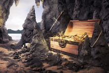 Open Treasure Chest With Bright Gold In A Cave