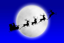 Santa And His Reindeers Riding Against Moon