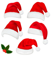 Poster - Collection of red santa hats with and Christmas holly. Vector.