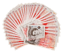 Many 50 Pound Sterling Bank Notes Fanned Out, Isolated On White