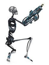 Skeleton Robot Jumping With A Laser Gun Side View