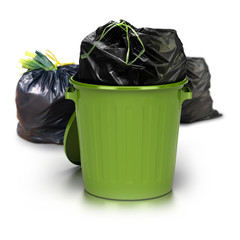 green garbage can over a white background