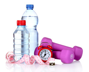 Canvas Print - towel, dumbbells and water bottle isolated on white