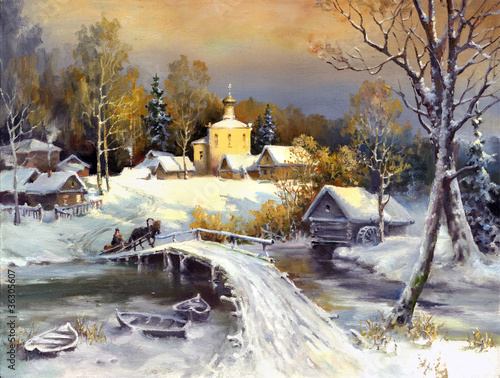 Obraz w ramie Rural landscape, oil on a canvas