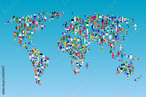 Board z aluminiowym obramowaniem Globalizacja, mapa świata z ludźmi zrobionymi z flag
