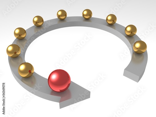 The red sphere is in the lead in a row of gold balls
