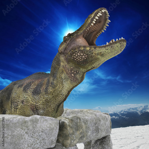 Board z aluminiowym obramowaniem Zielony tyranozaurem rex w klatce z bliska obraz