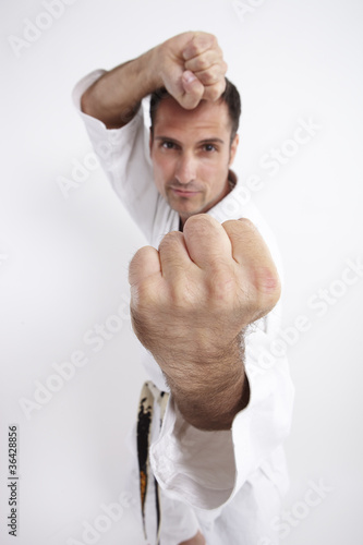 Plakat na papierze fotorealistycznym Karate, podwójna pięść, przed białym
