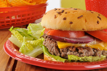 Poster - Cheeseburger on a picnic table