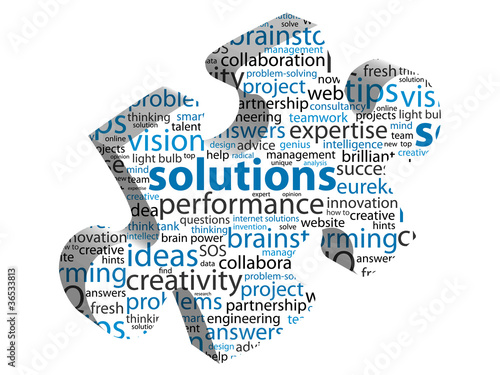 Fotografía "SOLUTIONS" Tag Cloud (ideas jigsaw piece questions and answers)