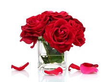 Beautiful Red Roses In A Vase Isolated On White
