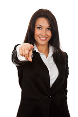 Business woman point finger at you looking at camera