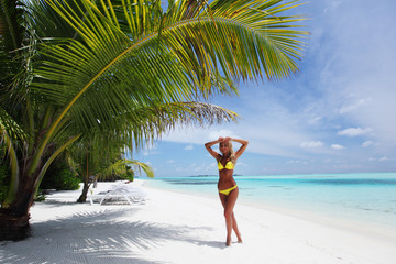 woman in bikini under palm